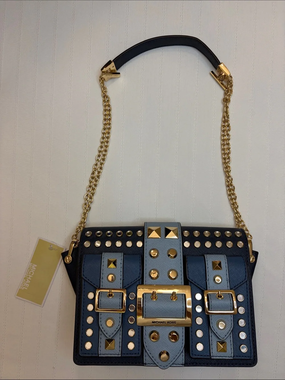 Michael Kors Navy and Light Blue Studded Shoulder Bag with Gold Chain